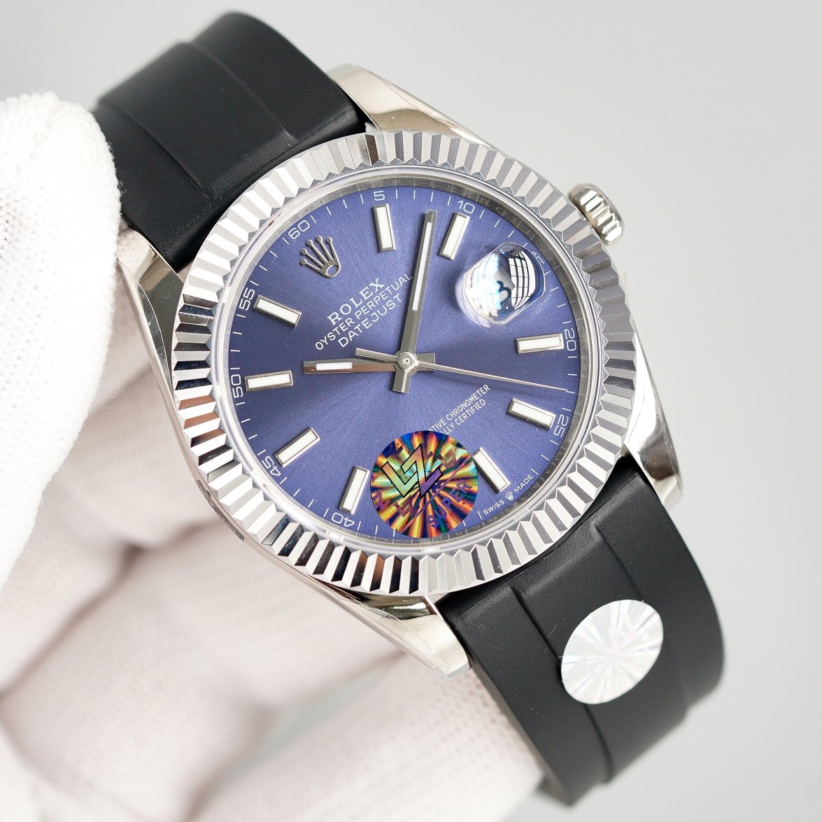 CLASSIC 41MM STAINLESS STEEL BLUE DIAL RUBBER STRAP WATCH
