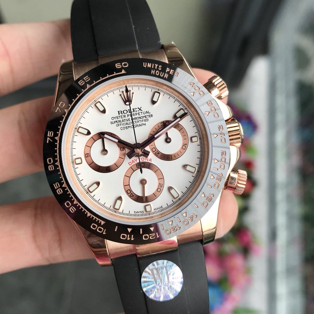 CLASSIC 40MM ROSE GOLD-TONE CASE WHITE DIAL RUBBER STRAP WATCH