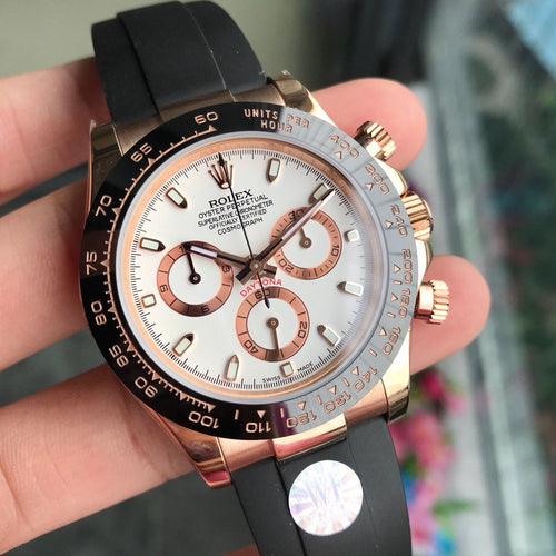 CLASSIC 40MM ROSE GOLD-TONE CASE WHITE DIAL RUBBER STRAP WATCH