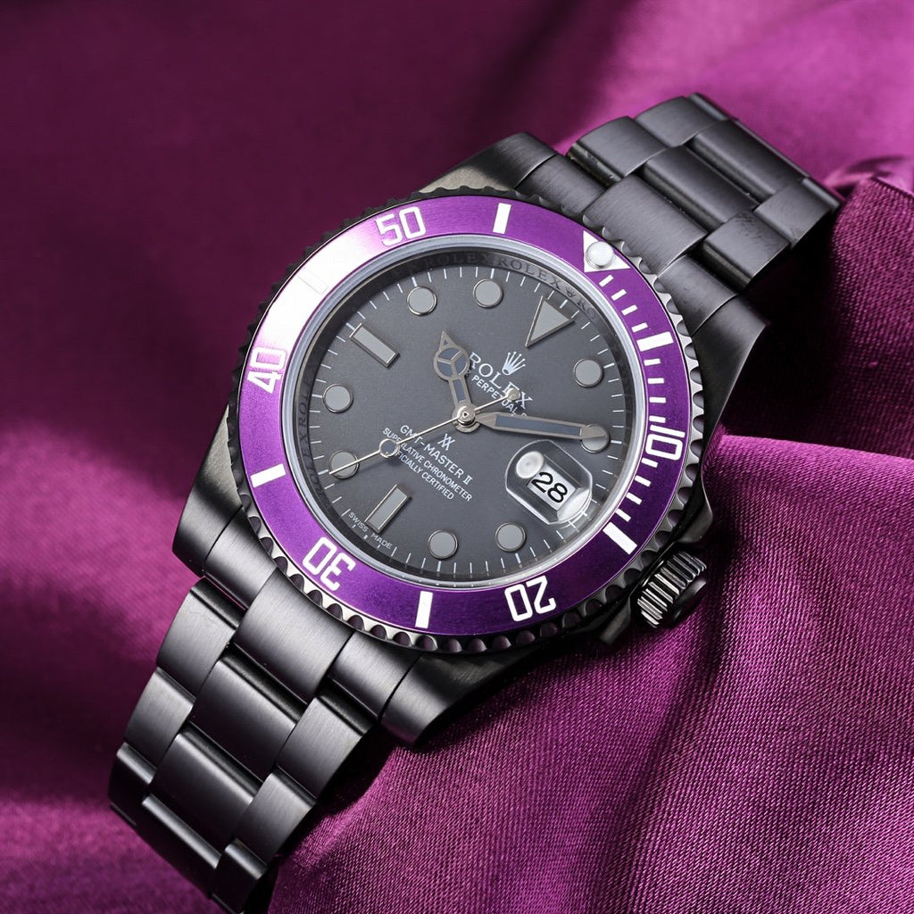 CLASSIC CUSTOM BLACK CASE PURPLE BEZEL GMT WATCH