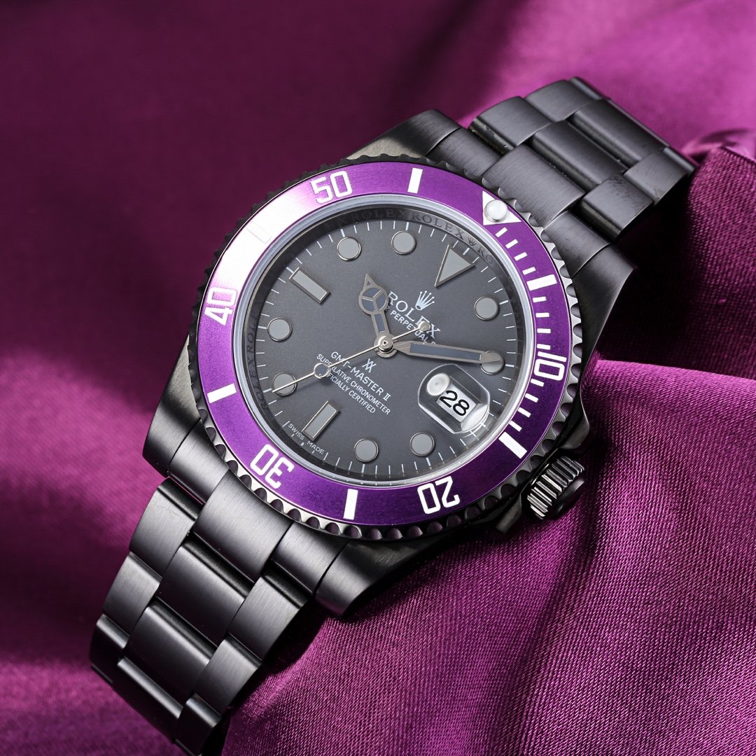 CLASSIC CUSTOM BLACK CASE PURPLE BEZEL GMT WATCH