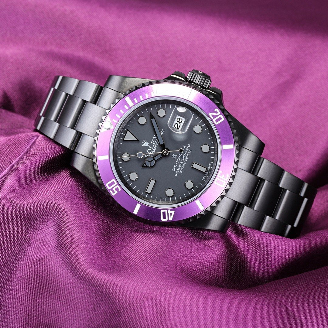 CLASSIC CUSTOM BLACK CASE PURPLE BEZEL GMT WATCH