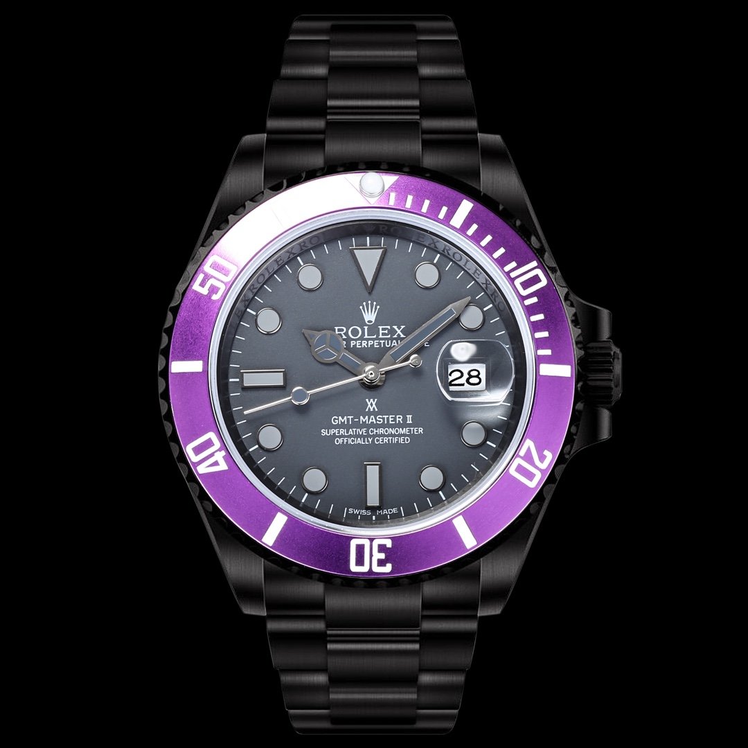 CLASSIC CUSTOM BLACK CASE PURPLE BEZEL GMT WATCH