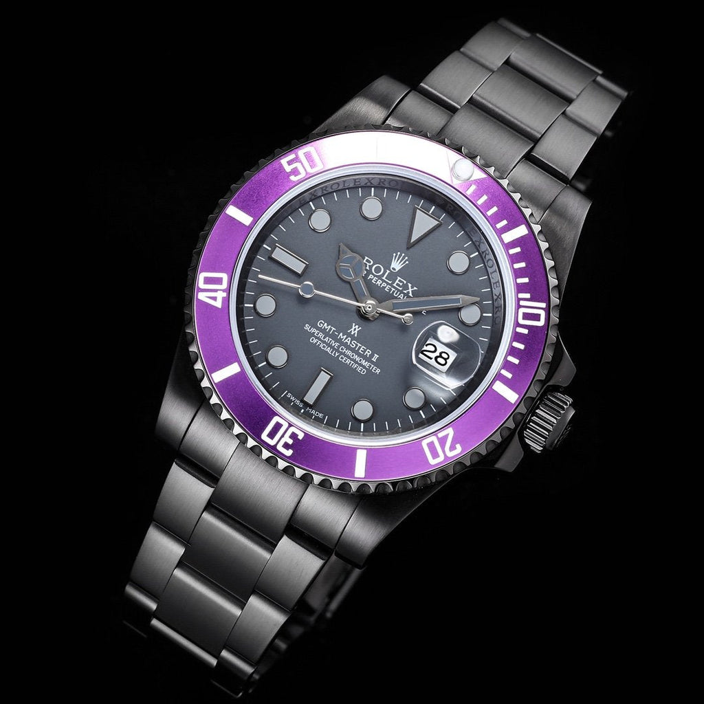 CLASSIC CUSTOM BLACK CASE PURPLE BEZEL GMT WATCH