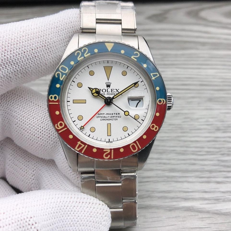 CLASSIC 40MM VINTAGE RED & BLUE BEZEL WHITE DIAL GMT WATCH
