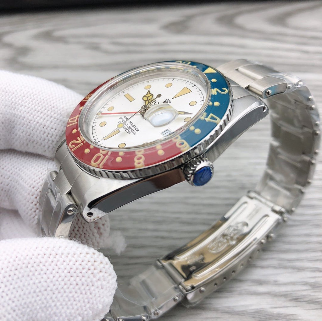 CLASSIC 40MM VINTAGE RED & BLUE BEZEL WHITE DIAL GMT WATCH