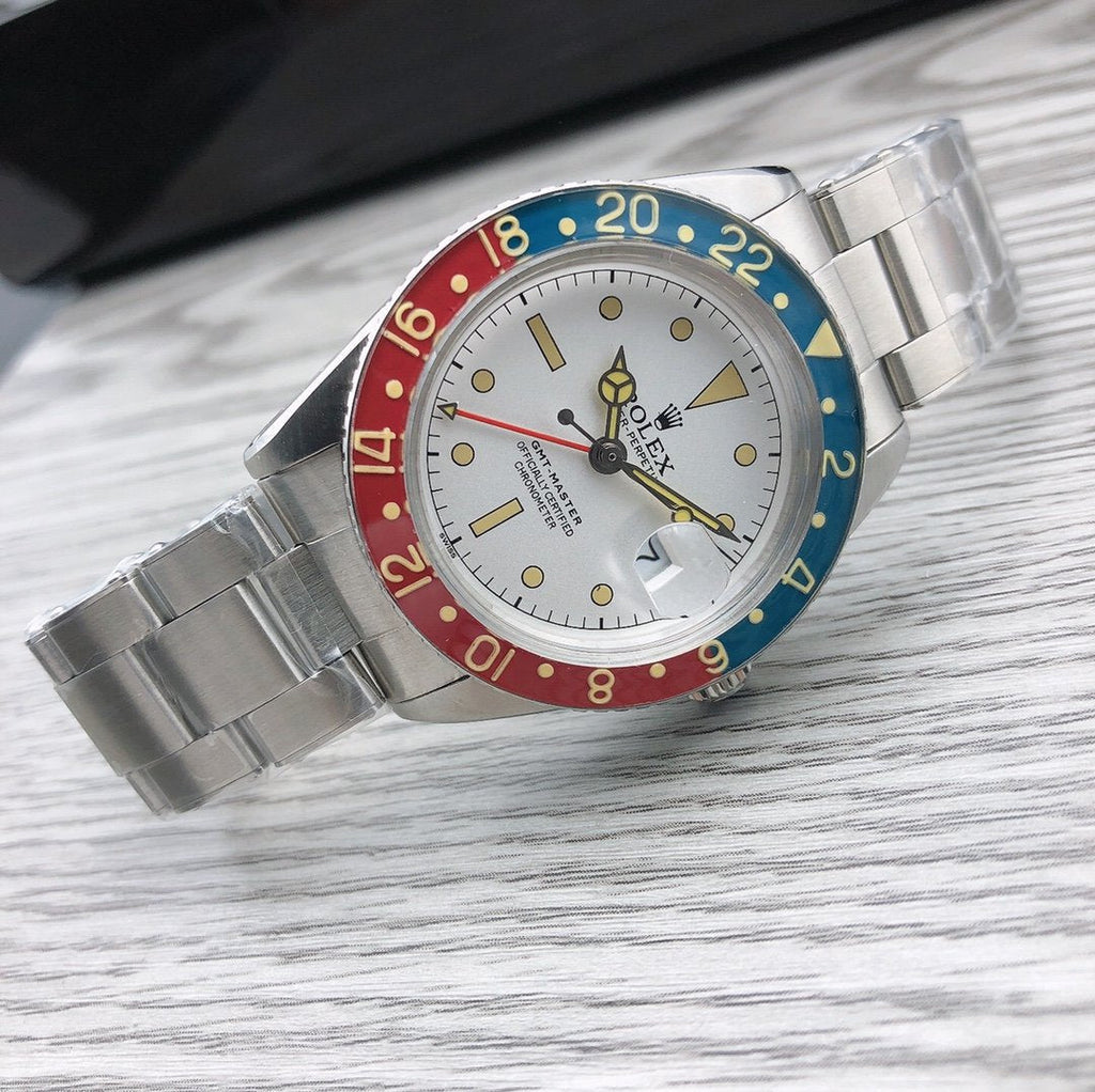 CLASSIC 40MM VINTAGE RED & BLUE BEZEL WHITE DIAL GMT WATCH