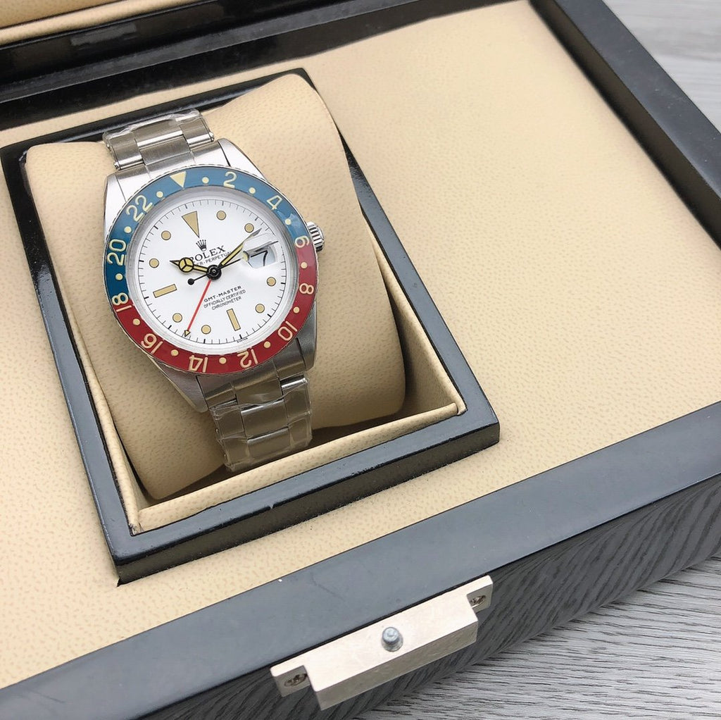 CLASSIC 40MM VINTAGE RED & BLUE BEZEL WHITE DIAL GMT WATCH