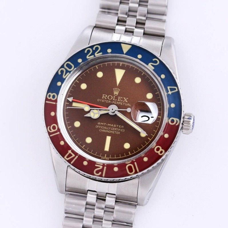 CLASSIC 40MM VINTAGE RED & BLUE BEZEL BROWN DIAL GMT WATCH