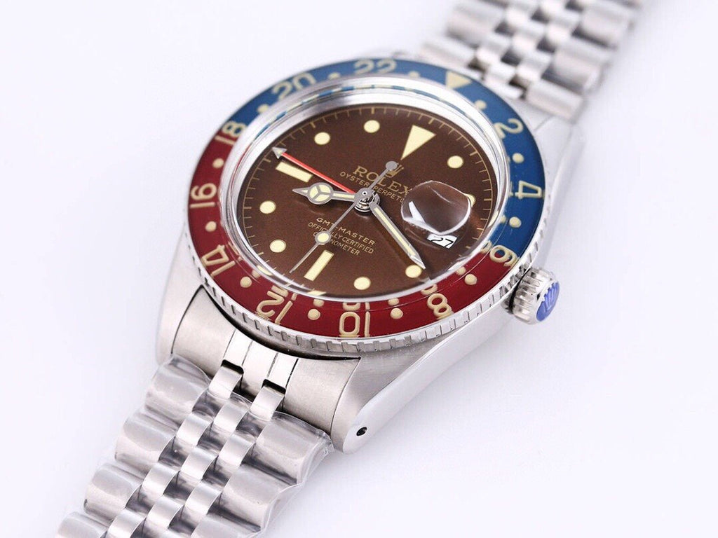CLASSIC 40MM VINTAGE RED & BLUE BEZEL BROWN DIAL GMT WATCH