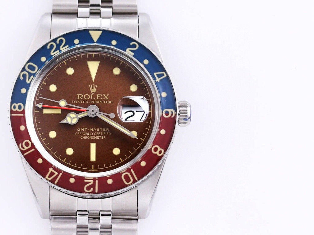 CLASSIC 40MM VINTAGE RED & BLUE BEZEL BROWN DIAL GMT WATCH
