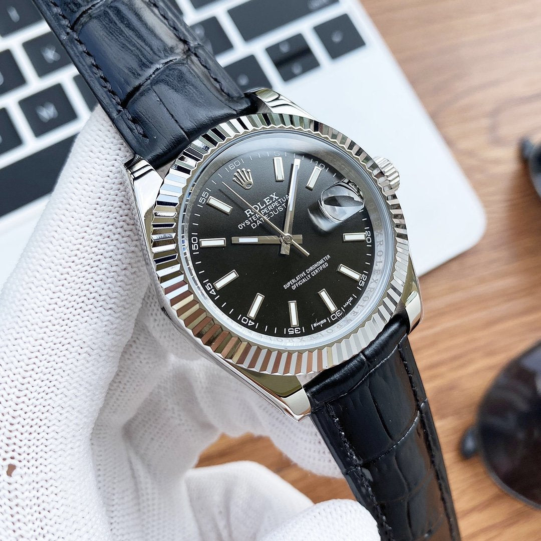 CLASSIC 41MM STAINLESS STEEL LEATHER STRAP WATCH