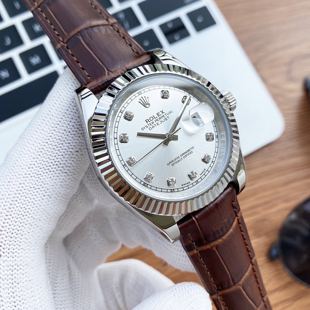 CLASSIC 41MM STAINLESS STEEL DIAMOND NUMERAL LEATHER STRAP WATCH