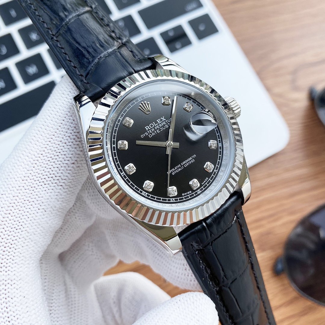 CLASSIC 41MM STAINLESS STEEL DIAMOND NUMERAL LEATHER STRAP WATCH