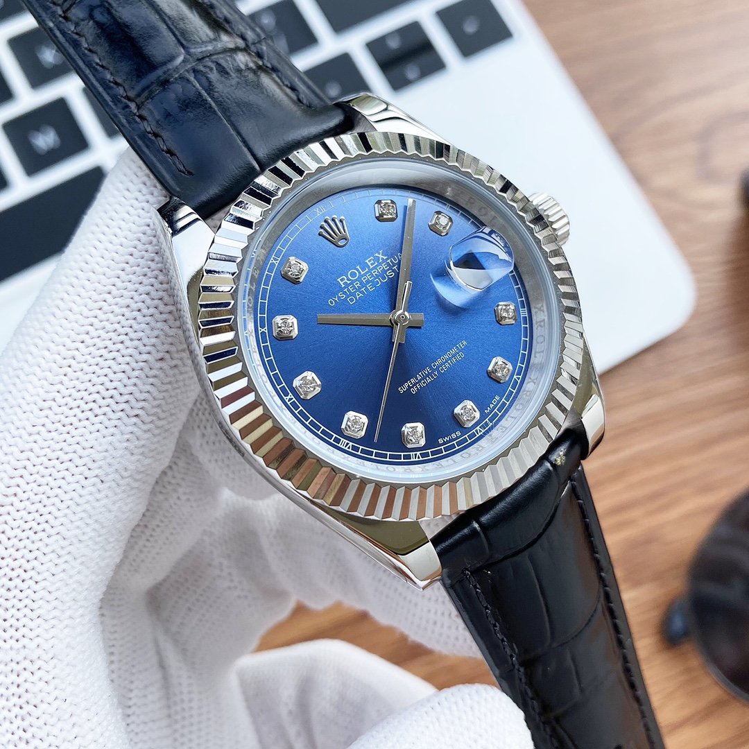 CLASSIC 41MM STAINLESS STEEL DIAMOND NUMERAL LEATHER STRAP WATCH