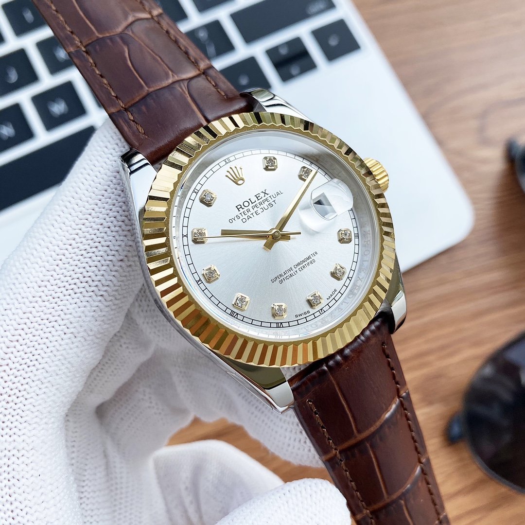 CLASSIC 41MM STAINLESS STEEL DIAMOND NUMERAL LEATHER STRAP WATCH