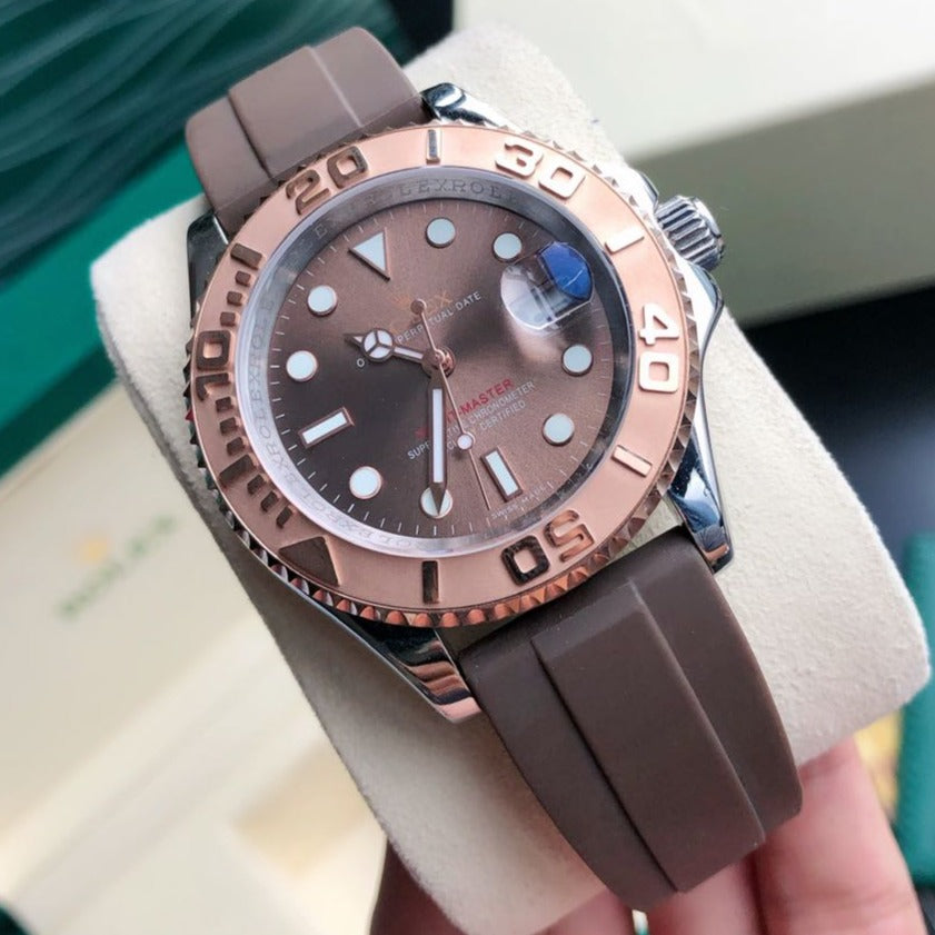 CLASSIC ROSE GOLD-TONE CASE BROWN DIAL RUBBER STRAP WATCH