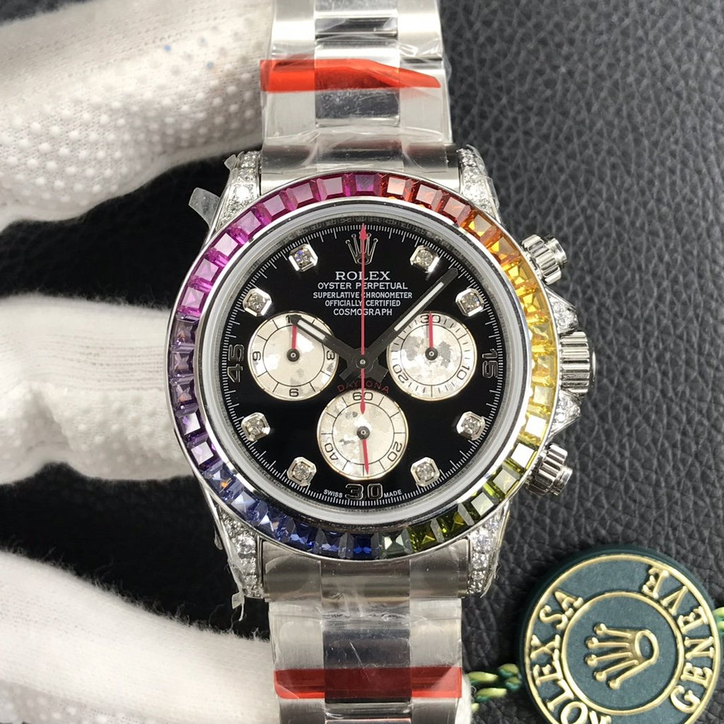 CLASSIC WHITE GOLD-TONE CUSTOM RAINBOW-STYLE CHRONOGRAPH WATCH