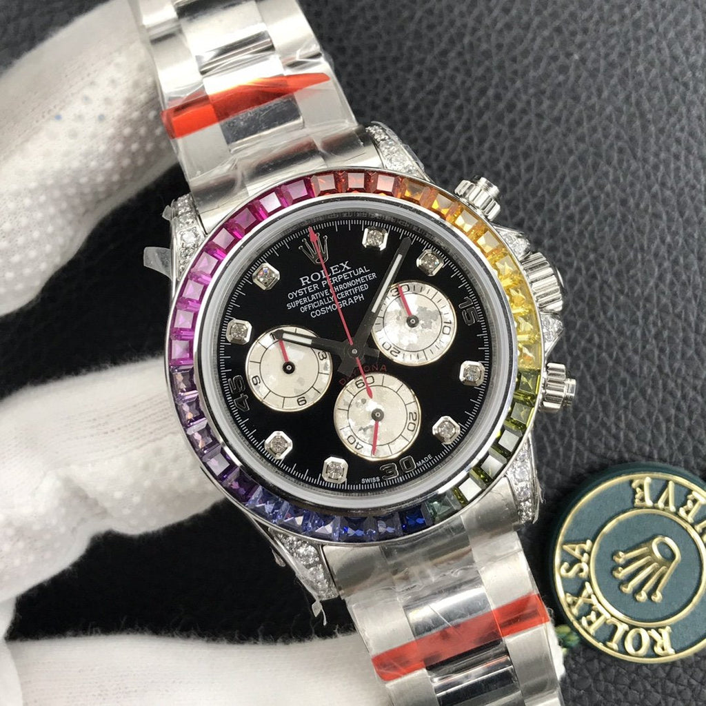 CLASSIC WHITE GOLD-TONE CUSTOM RAINBOW-STYLE CHRONOGRAPH WATCH
