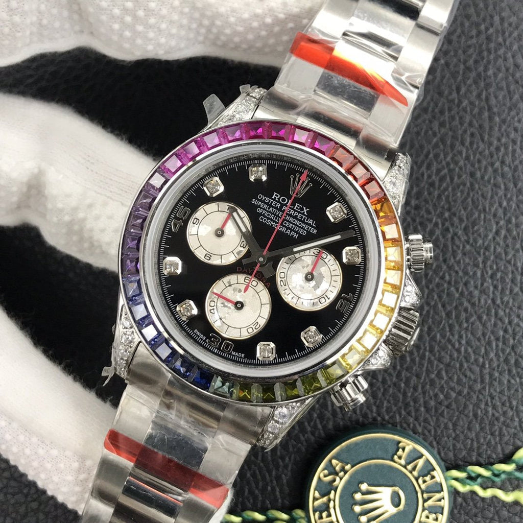 CLASSIC WHITE GOLD-TONE CUSTOM RAINBOW-STYLE CHRONOGRAPH WATCH