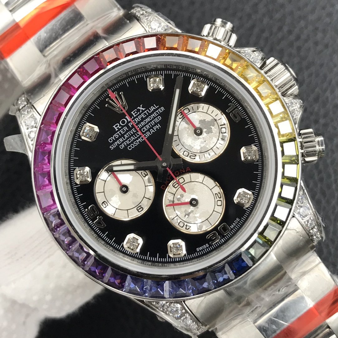 CLASSIC WHITE GOLD-TONE CUSTOM RAINBOW-STYLE CHRONOGRAPH WATCH
