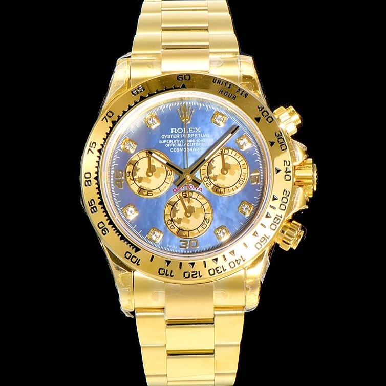 CLASSIC CUSTOM GOLD-TONE CASE BLUE MOP DIAL CHRONOGRAPH WATCH