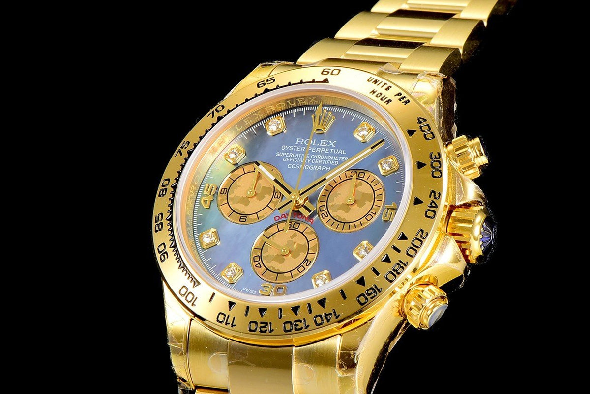 CLASSIC CUSTOM GOLD-TONE CASE BLUE MOP DIAL CHRONOGRAPH WATCH