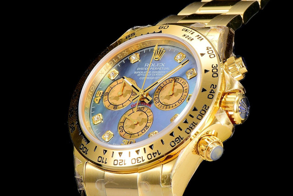 CLASSIC CUSTOM GOLD-TONE CASE BLUE MOP DIAL CHRONOGRAPH WATCH