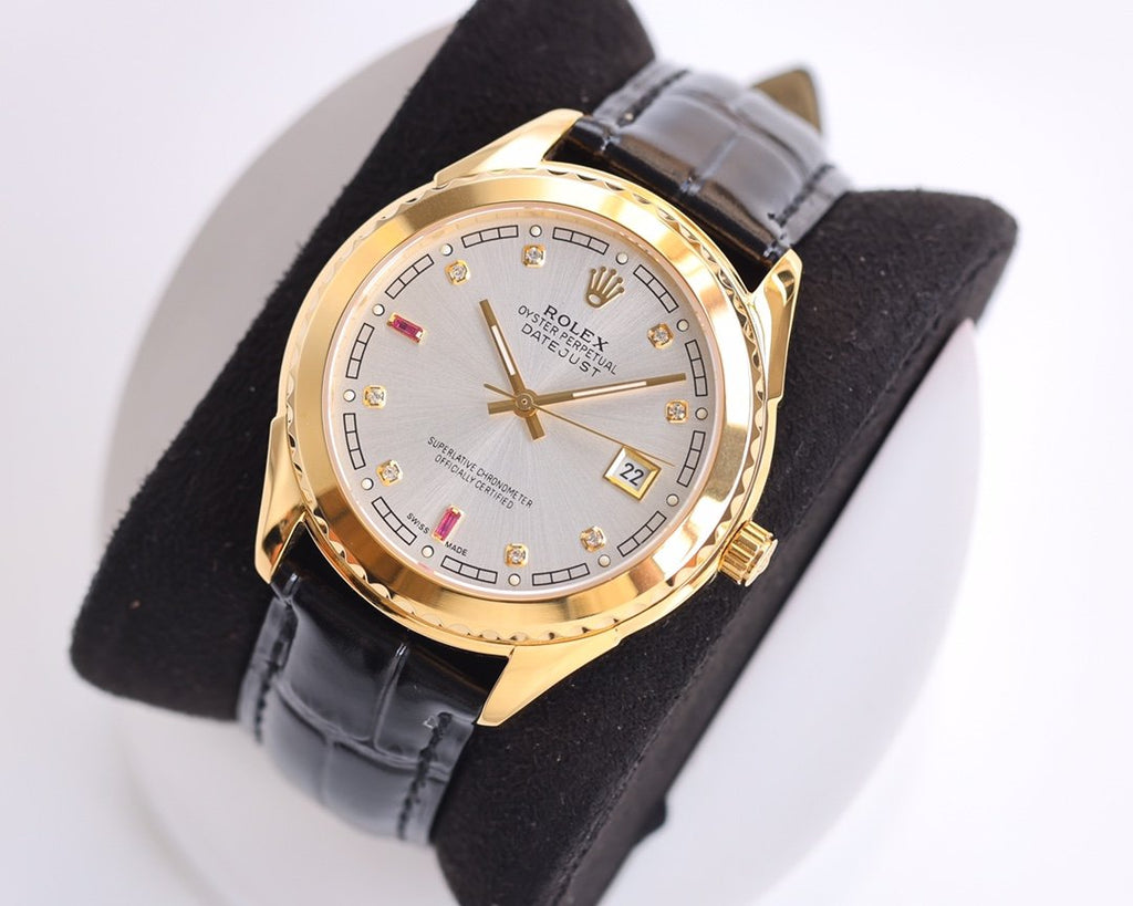 CLASSIC 40MM SMOOTH BEZEL GOLD-TONE CASE BLACK LEATHER STRAP WATCH