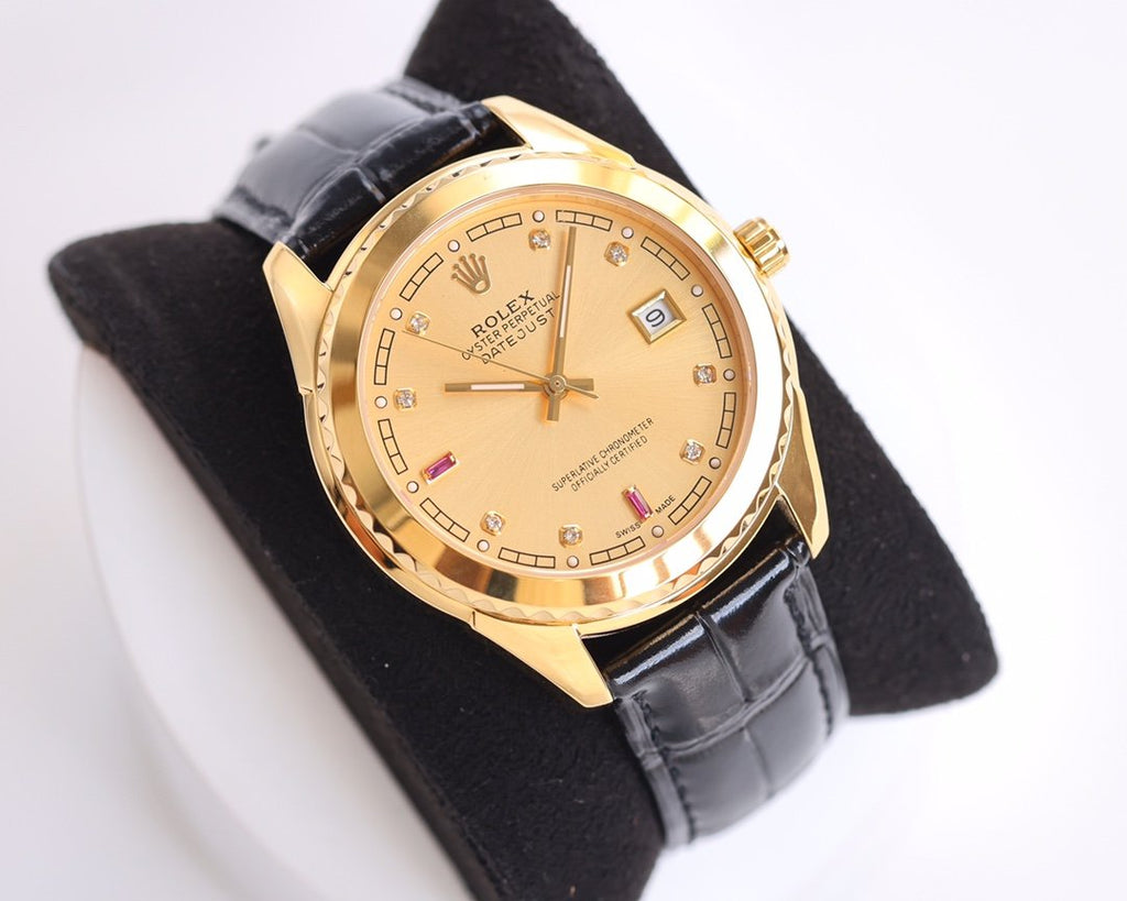 CLASSIC 40MM SMOOTH BEZEL GOLD-TONE CASE BLACK LEATHER STRAP WATCH