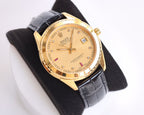 CLASSIC 40MM SMOOTH BEZEL GOLD-TONE CASE BLACK LEATHER STRAP WATCH