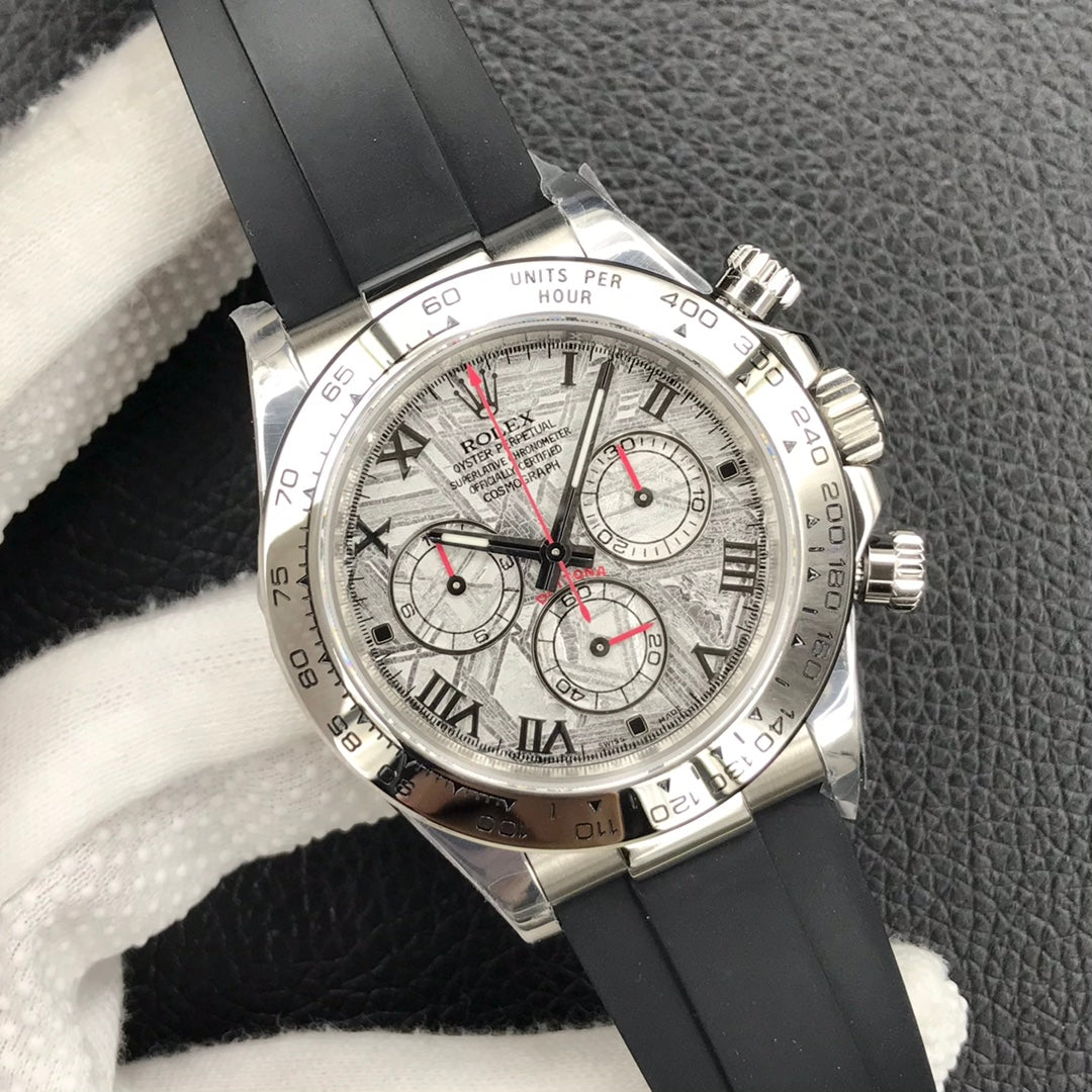 CLASSIC 40MM METEORITE DIAL ROMAN NUMERAL RUBBER STRAP CHRONOGRAPH WATCH