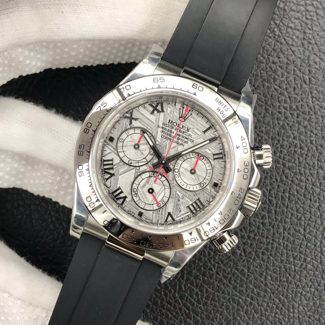 CLASSIC 40MM METEORITE DIAL ROMAN NUMERAL RUBBER STRAP CHRONOGRAPH WATCH