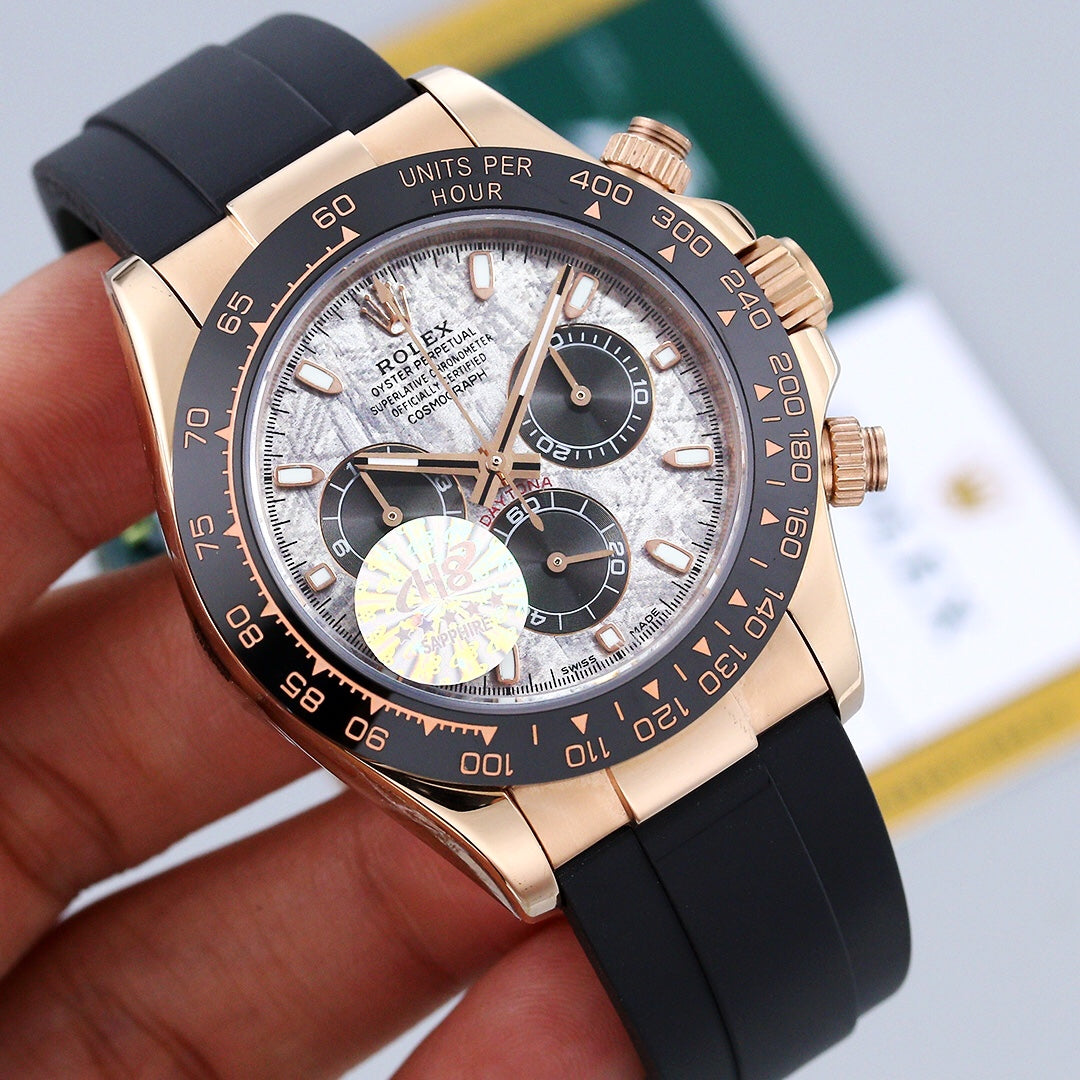 CLASSIC 40MM CERAMIC BEZEL ROSE GOLD-TONE CASE METEORITE DIAL CHRONOGRAPH WATCH