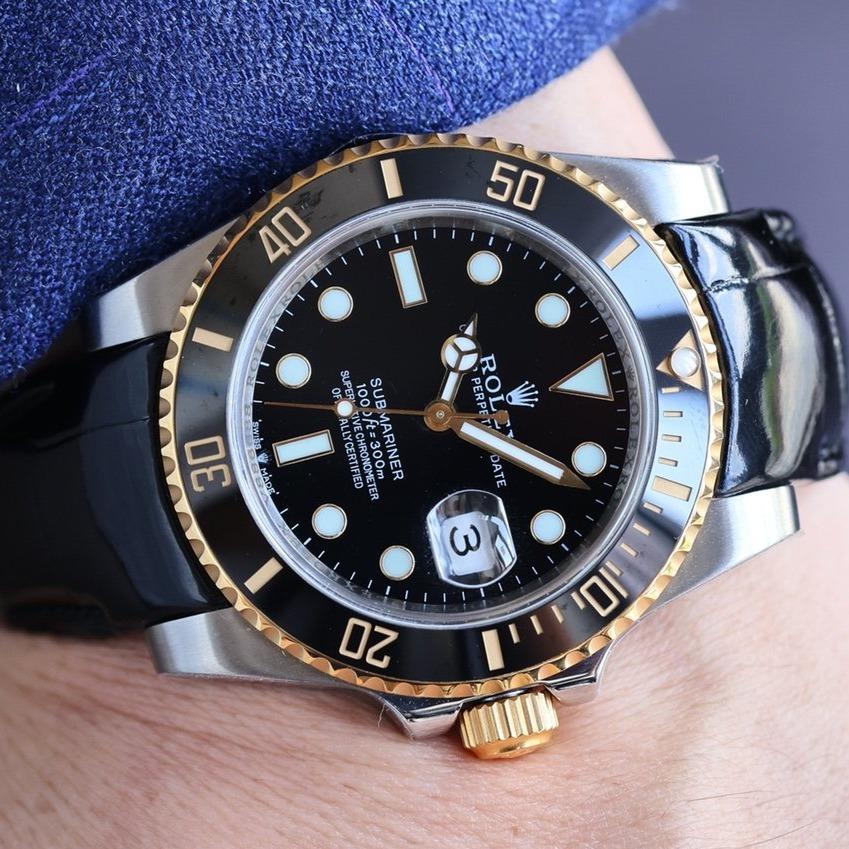 CLASSIC 40MM TWO-TONE GOLD-TONE STEEL CASE BLACK CERAMIC BEZEL LEATHER STRAP WATCH