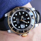 CLASSIC 40MM TWO-TONE GOLD-TONE STEEL CASE BLACK CERAMIC BEZEL LEATHER STRAP WATCH