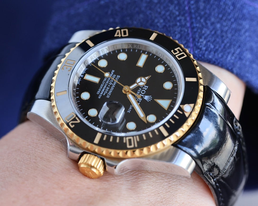 CLASSIC 40MM TWO-TONE GOLD-TONE STEEL CASE BLACK CERAMIC BEZEL LEATHER STRAP WATCH