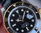 CLASSIC 40MM TWO-TONE GOLD-TONE STEEL CASE BLACK CERAMIC BEZEL LEATHER STRAP WATCH