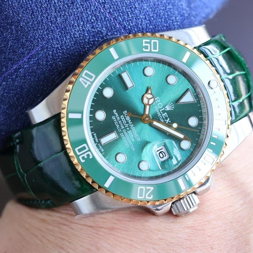 CLASSIC 40MM TWO-TONE GOLD-TONE STEEL CASE GREEN CERAMIC BEZEL LEATHER STRAP WATCH