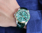 CLASSIC 40MM TWO-TONE GOLD-TONE STEEL CASE GREEN CERAMIC BEZEL LEATHER STRAP WATCH