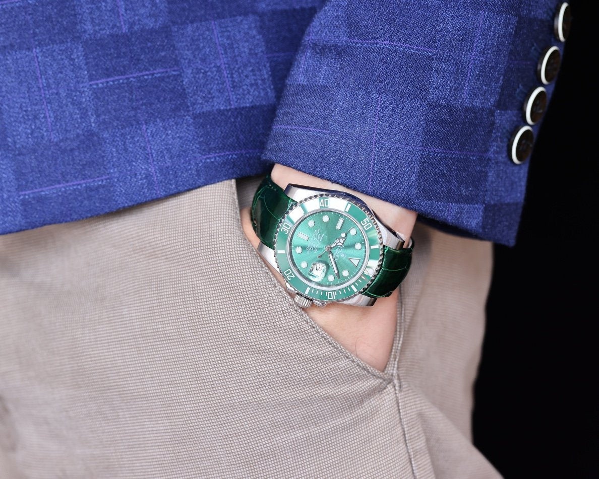 CLASSIC 40MM TWO-TONE GOLD-TONE STEEL CASE GREEN CERAMIC BEZEL LEATHER STRAP WATCH