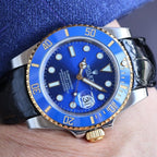 CLASSIC 40MM TWO-TONE GOLD-TONE STEEL CASE BLUE CERAMIC BEZEL LEATHER STRAP WATCH