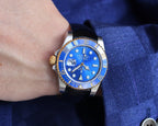 CLASSIC 40MM TWO-TONE GOLD-TONE STEEL CASE BLUE CERAMIC BEZEL LEATHER STRAP WATCH