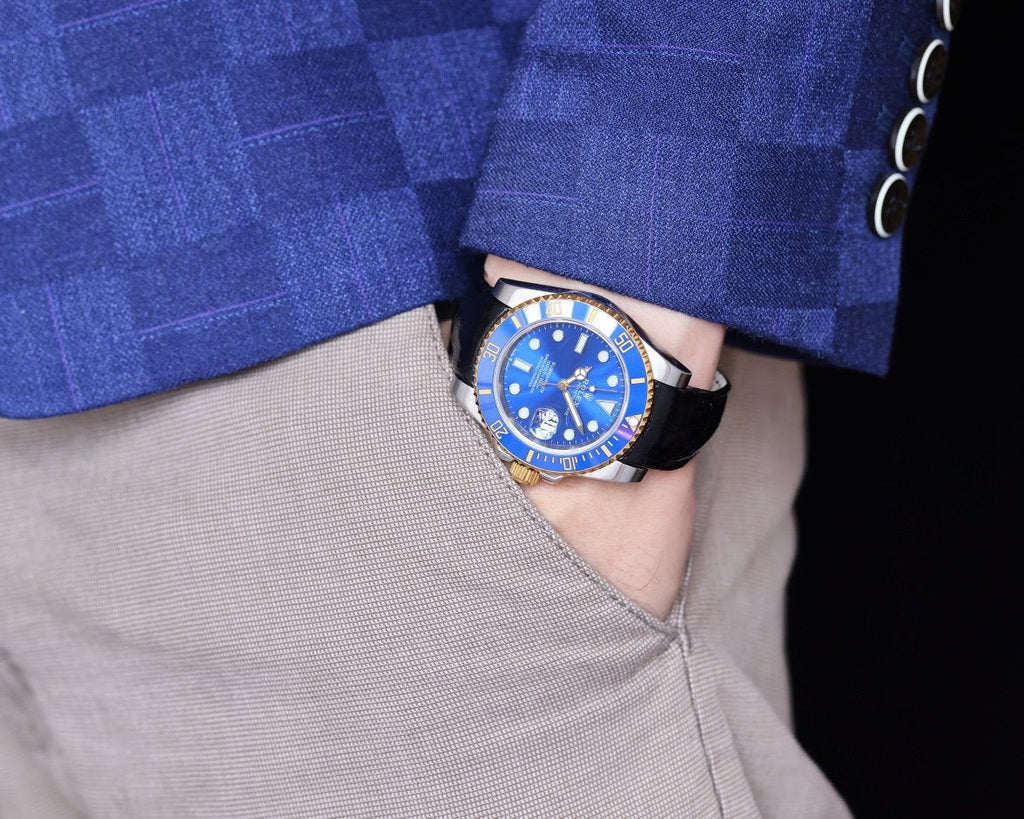 CLASSIC 40MM TWO-TONE GOLD-TONE STEEL CASE BLUE CERAMIC BEZEL LEATHER STRAP WATCH