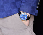 CLASSIC 40MM TWO-TONE GOLD-TONE STEEL CASE BLUE CERAMIC BEZEL LEATHER STRAP WATCH