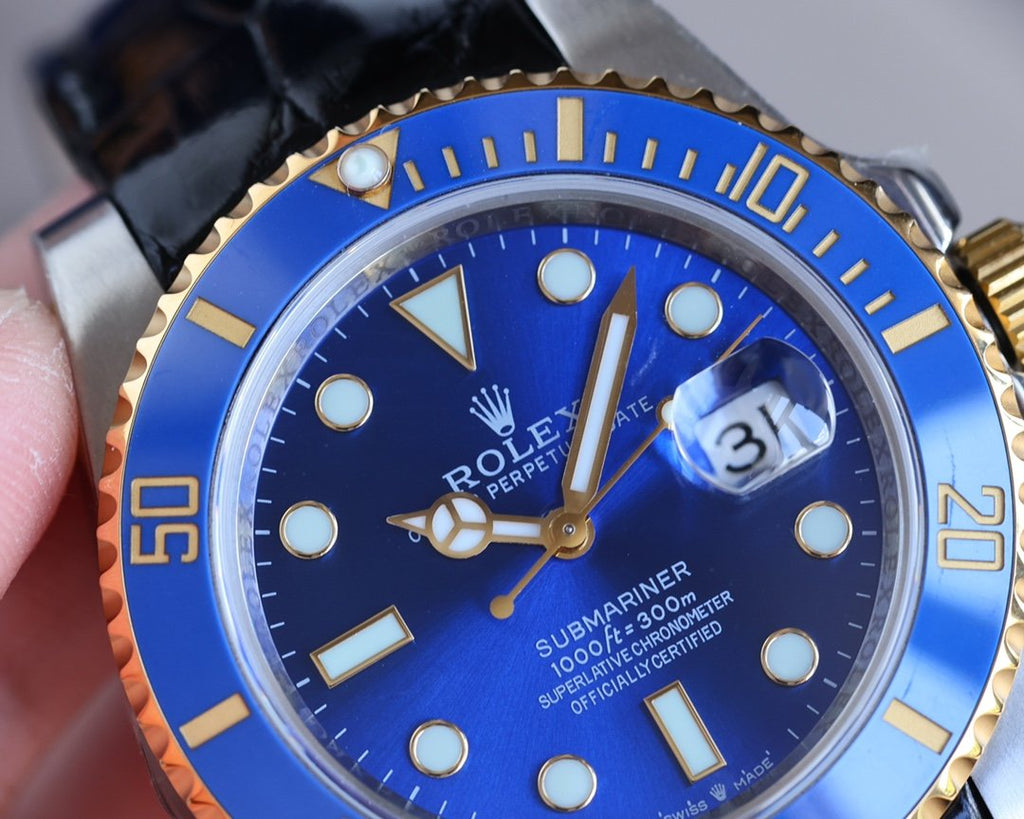 CLASSIC 40MM TWO-TONE GOLD-TONE STEEL CASE BLUE CERAMIC BEZEL LEATHER STRAP WATCH