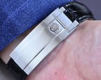 CLASSIC 40MM TWO-TONE GOLD-TONE STEEL CASE BLUE CERAMIC BEZEL LEATHER STRAP WATCH
