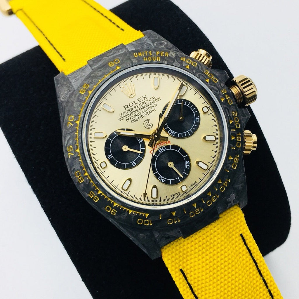 CLASSIC 40MM CUSTOM CARBON FIBER CREAM DIAL YELLOW TEXTILE STRAP WATCH