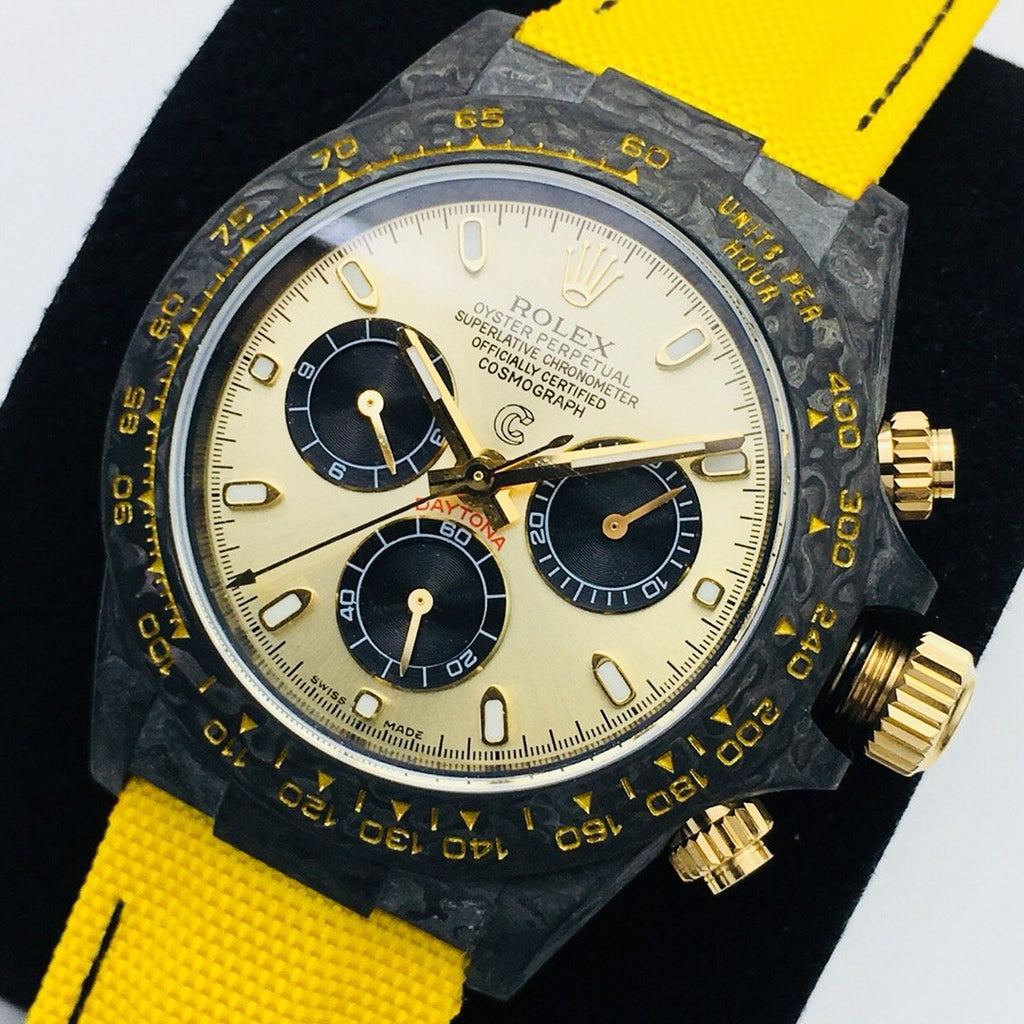 CLASSIC 40MM CUSTOM CARBON FIBER CREAM DIAL YELLOW TEXTILE STRAP WATCH