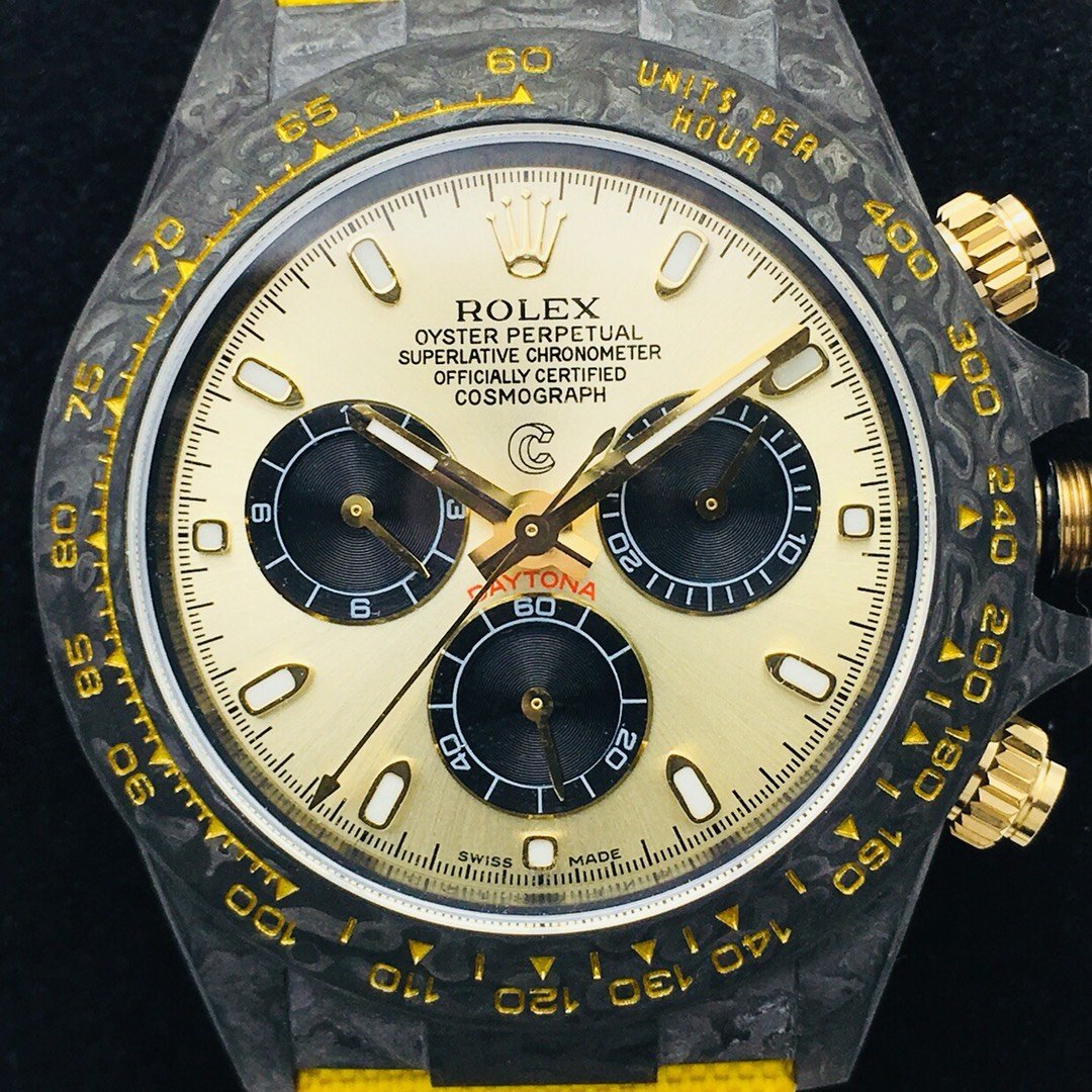 CLASSIC 40MM CUSTOM CARBON FIBER CREAM DIAL YELLOW TEXTILE STRAP WATCH